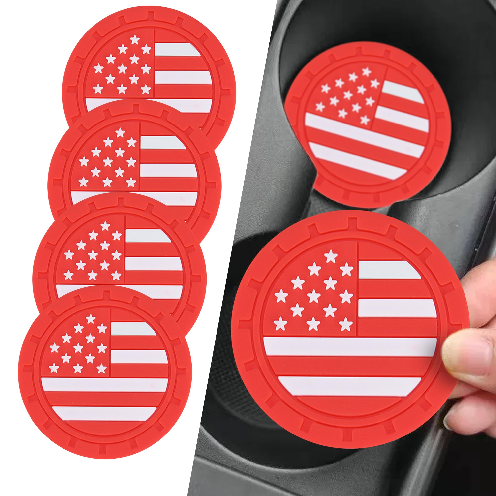 4PCS Car Cup Holder Coasters, 2.75 Inch American Flag Insert Car Cup Coaster, Anti Slip Shockproof Embedded Drink Mat, Car Coasters for Cup Holders, Universal Car Interior Accessories (Red)