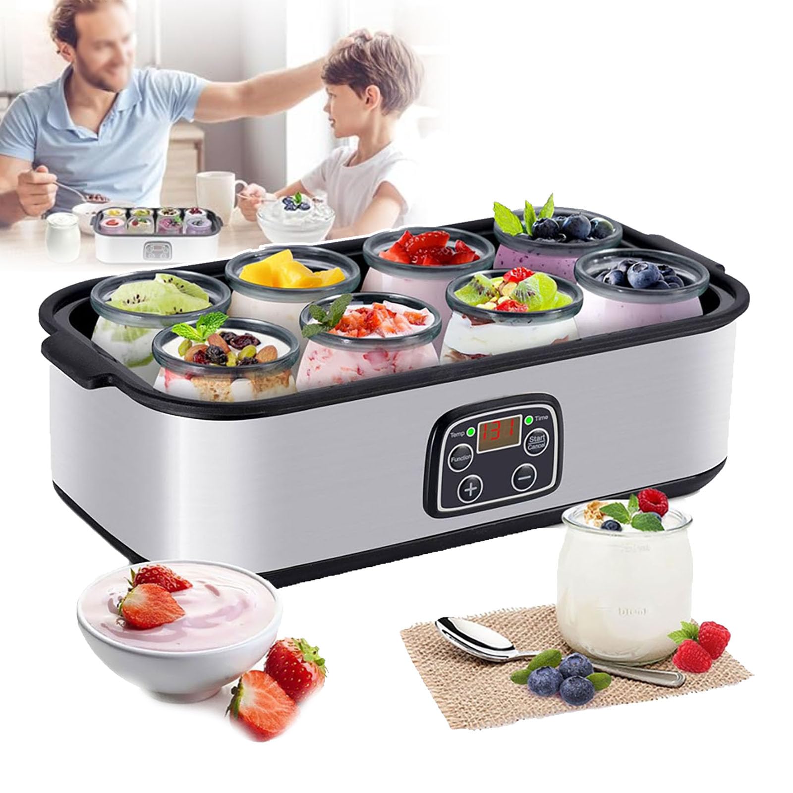 Yogurtera Automática De 1400 Ml con 8 Frascos De Vidrio, Control De Temperatura Y Tiempo Ajustables, Calentamiento De Equilibrio De 360°, para Yogur Casero.,1400ml