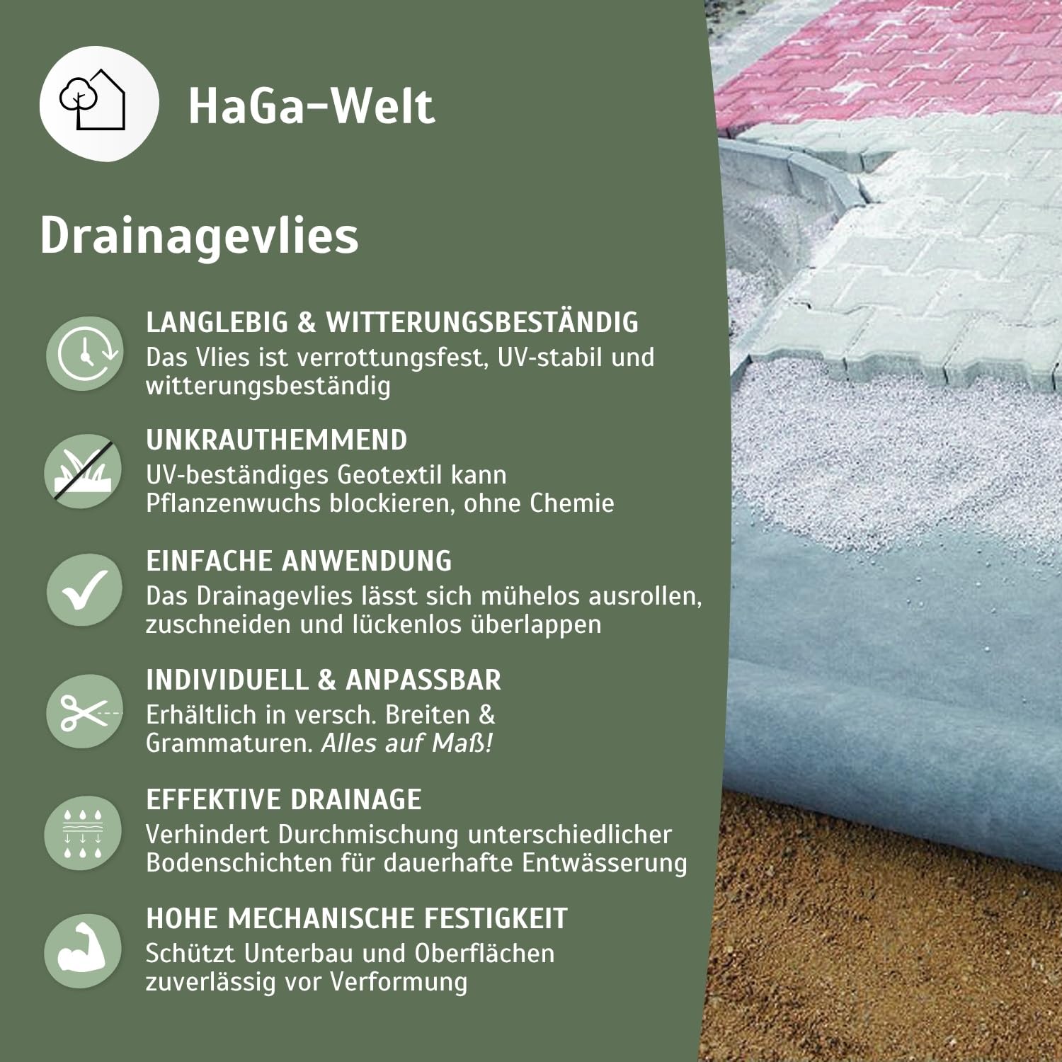 HaGa Drainagevlies 100g/m² in 1m x 50m als Drainage, Sandkastenvlies, Geovlies, Trennvlies für Gartenarbeit und unter Pflastersteinen