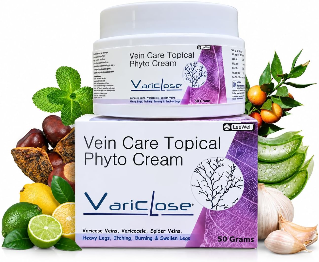 Varicose Veins Cream for Legs, Ayurvedic Varicose Vein Cream, Horse Chestnut Extract, Butcher’s Broom, Aloe Vera & Menthol, Spider Veins & Leg Care Support- 50 g (by LeeWell)