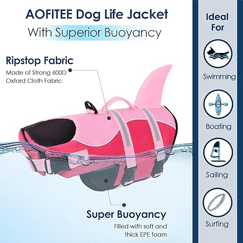 Vista 19 de AOFITEE Chaleco salvavidas para perros, ajustable, de ripstop con asa de rescate para perros pequeños, medianos y grandes, 5 tamaños, s, Salvavidas