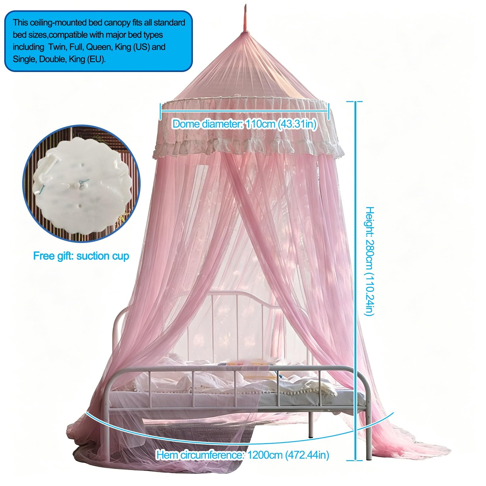 SARKEY Prinzessinnen Betthimmel,Luxuriöse Spitze,Atmungsaktives Mesh Zelt Bett Vorhang,Feines Durchsichtiges Netz,Kuppelbetthimmel,Hochzeit,Schlafzimmer,Dekoration(Light pink)