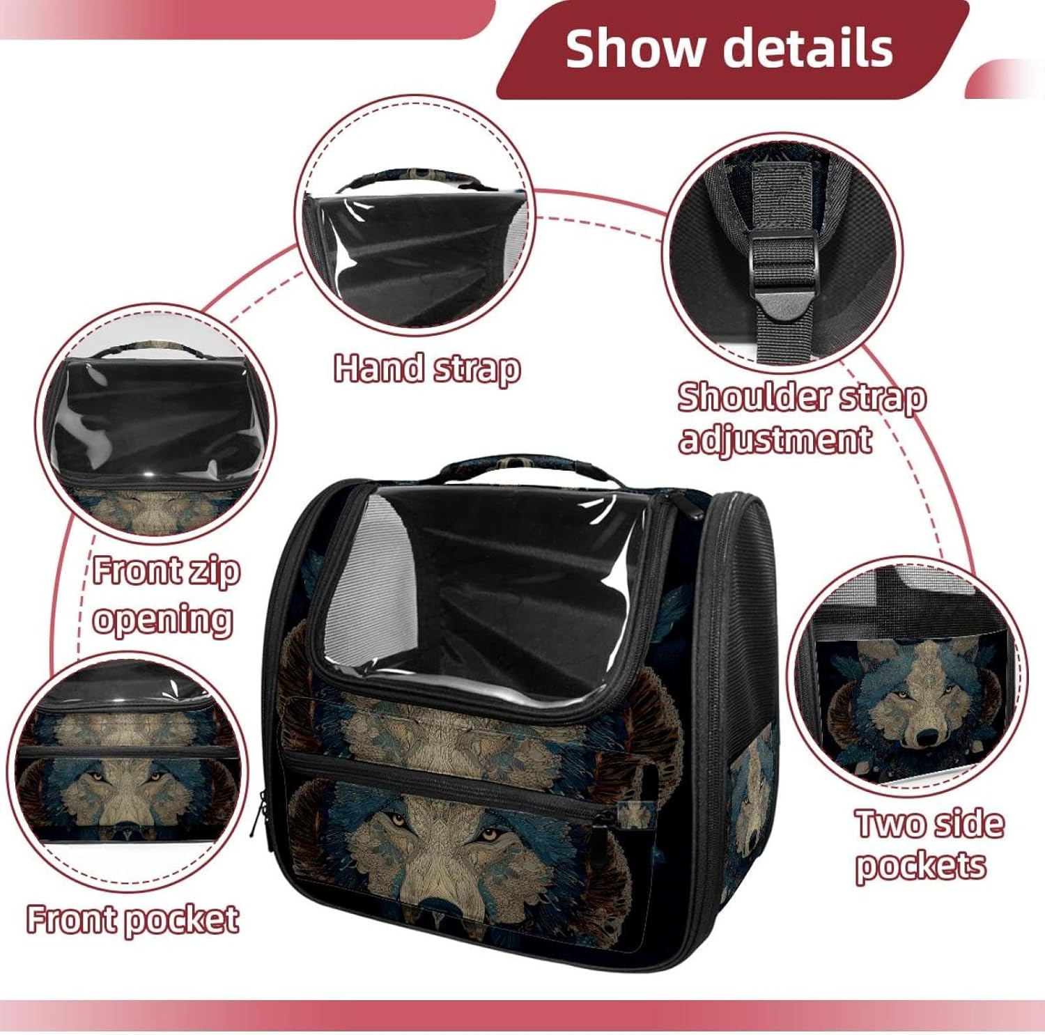 Portable Travel pet Backpack Carrier Hamster Bag Small Dog cat Carrier Breathable Hang Bag, Wolf Animal Print (3)