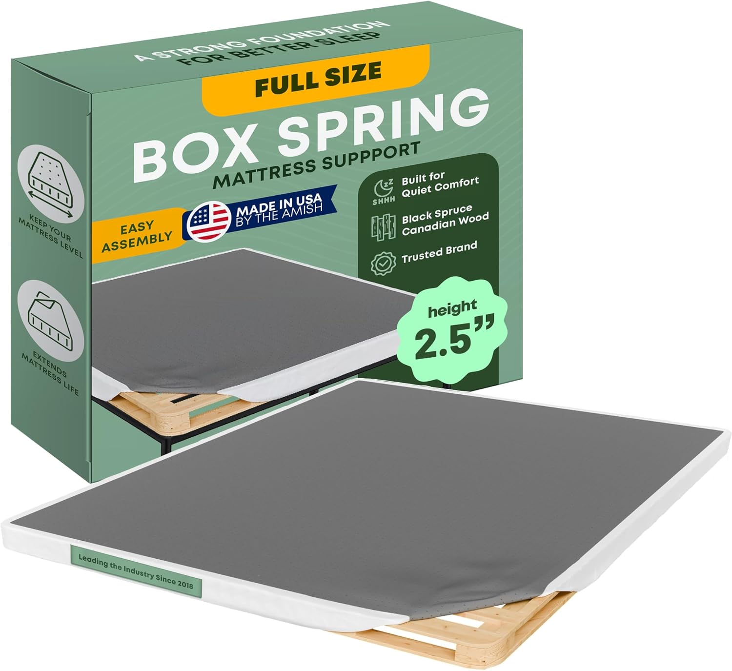 Greaton, Unassembled Full Box Spring for Full Bed – 2.5-Inch Wood Box Spring Only – Amish Made in USA – Quiet Noise-Free Replacement Mattress Foundation – Packed Flat, Easy Assembly (White) Full 2.5" Foundation