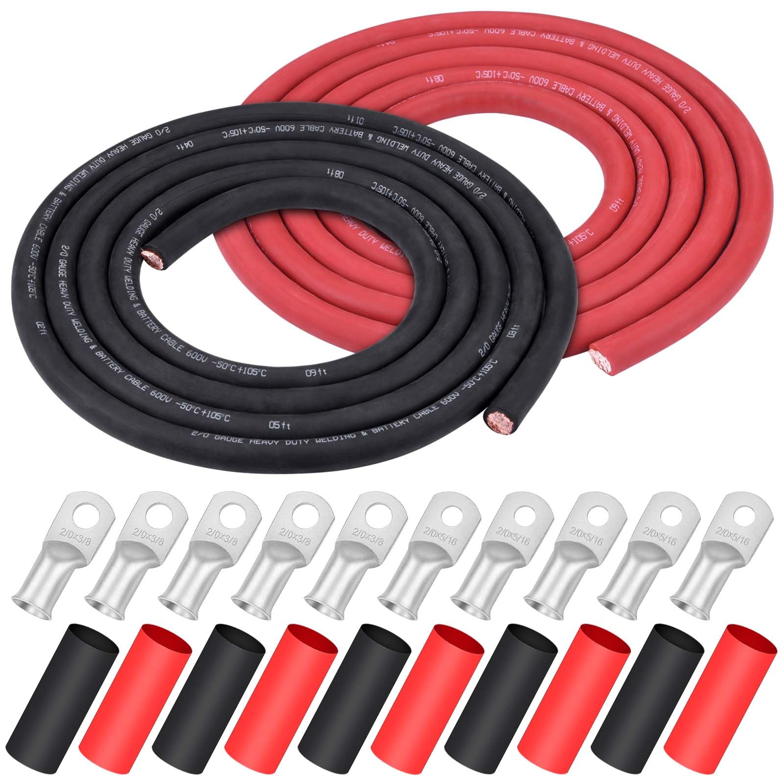 iGreely 2/0 AWG 2/0 Gauge 3 m schwarz + 3 m rotes Batterie-Schweißkabel aus reinem Kupfer + 5 Stück 5/16 Zoll & 5 Stück 3/8 Zoll Kupferkabelschuh-Anschlüsse + 3 Fuß Schrumpfschlauch