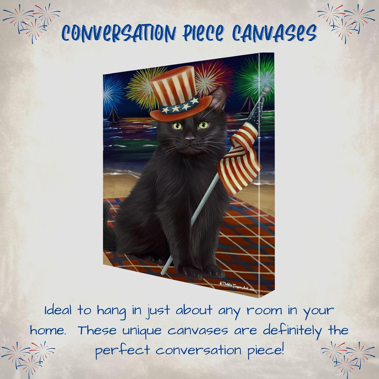4th July Fireworks with Black Cats Canvas Wall Art - Premium Quality Ready to Hang Room Decor - Black Floating Framed 16" x 16"