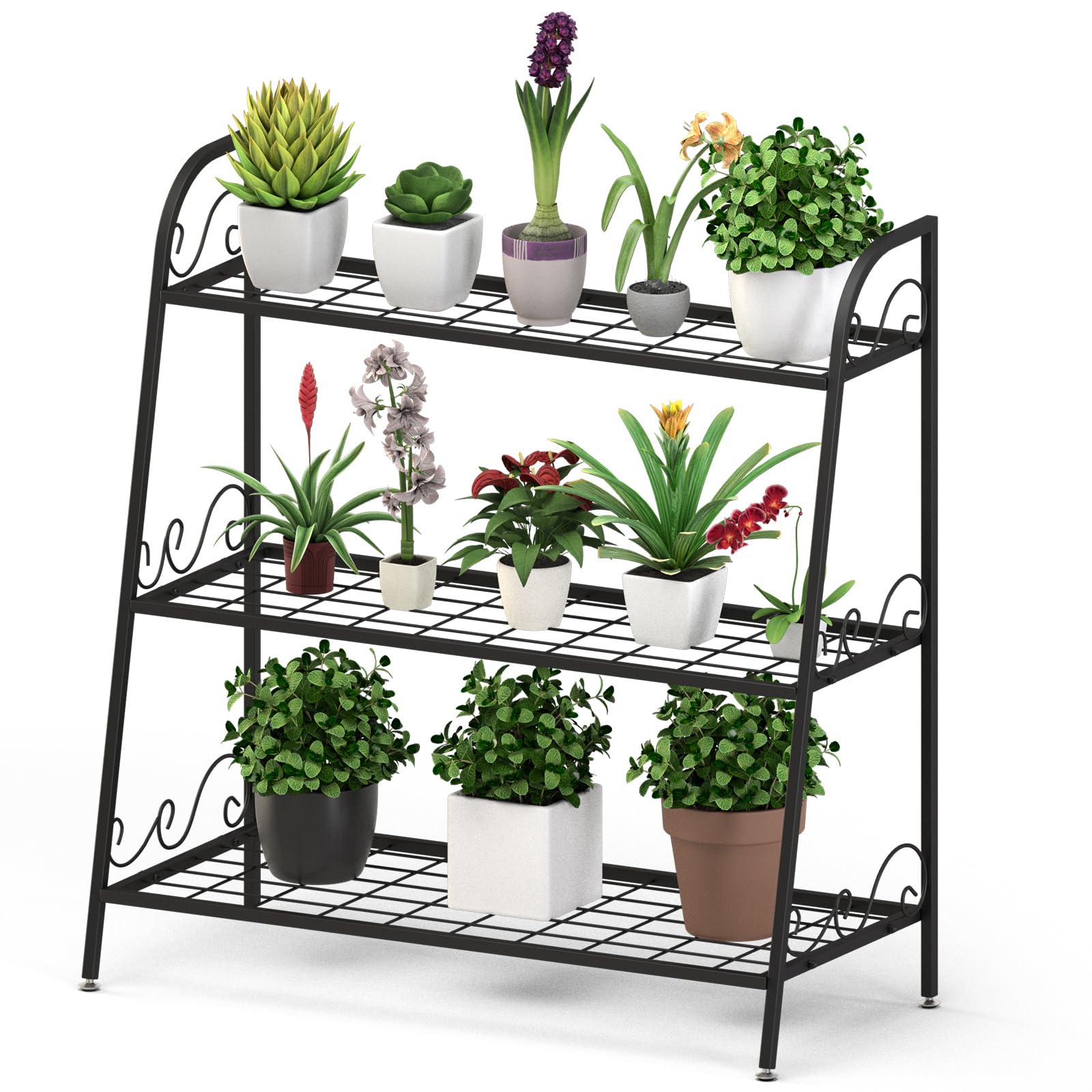 Support pour plantes d'extérieur 3 niveaux en fer noir