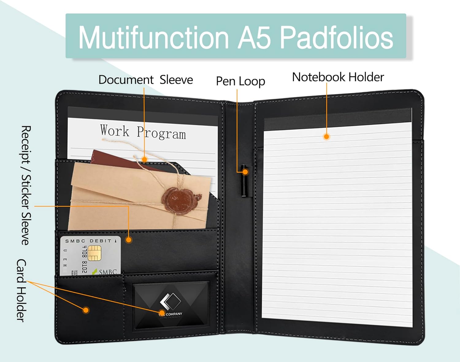 Leather Portfolio Binder 5 x 8, Mini Soft Leather Padfolio A5 Business Binder Legal Writing Pad Junior Size Document Organizer for Present Gift Kid Men Women Black - Image 2