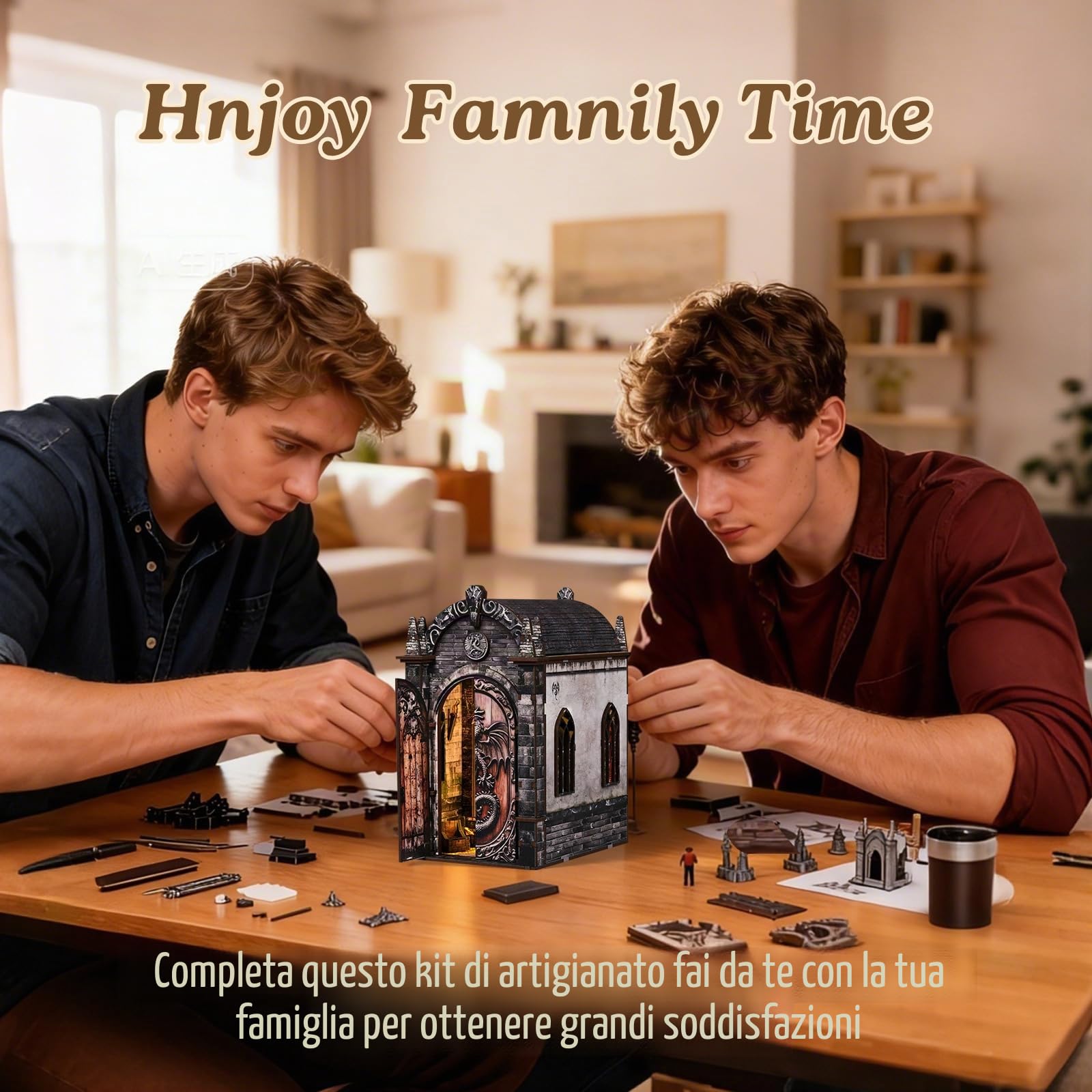 Book Nook Kit per adulti-Labirinto del Tesoro dei Draghi,Puzzle in miniatura 3D fai da te in legno con luci LED,fermalibri in miniatura, decorazione per libreria,Idea Regalo Creativa
