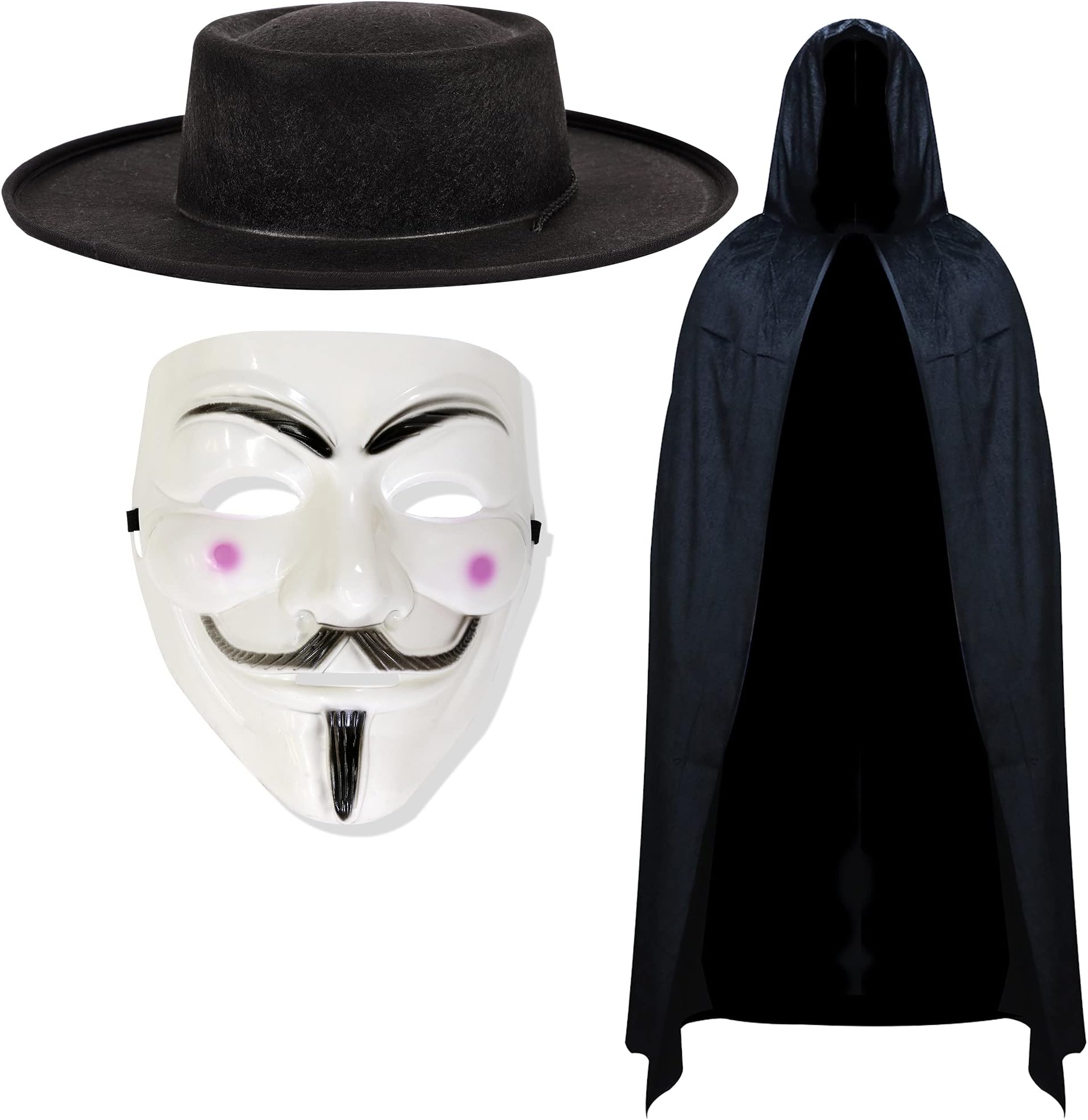Anonymous Mask, Hooded Cape, Hat and Sais Knives Fancy Dress Set