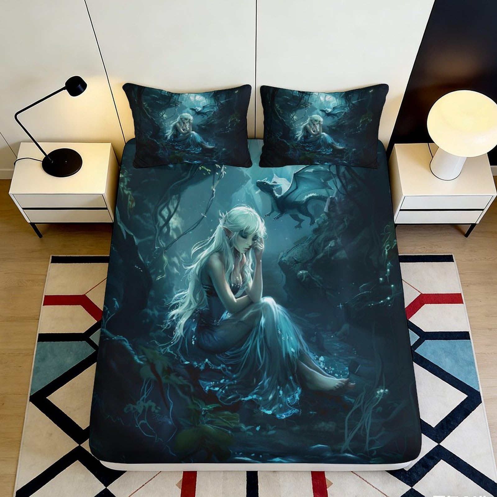3D Printed Fantasy Forest Fitted Sheet Microfiber Soft Breathable Dragon Princess Bed Cover for Bedroom Decor 90x200x25cm