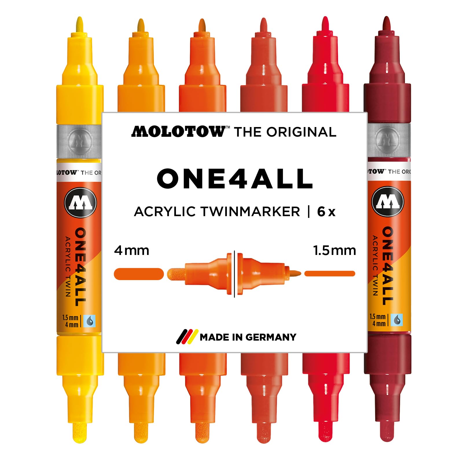 Molotow One4All Acrylic Twin Marker Hot Set (1,5 und 4,0 mm Strichstärke, hochdeckend und permanent, schnell trocknend, nachfüllbar, für fast alle Untergründe) 6 Stück sortiert