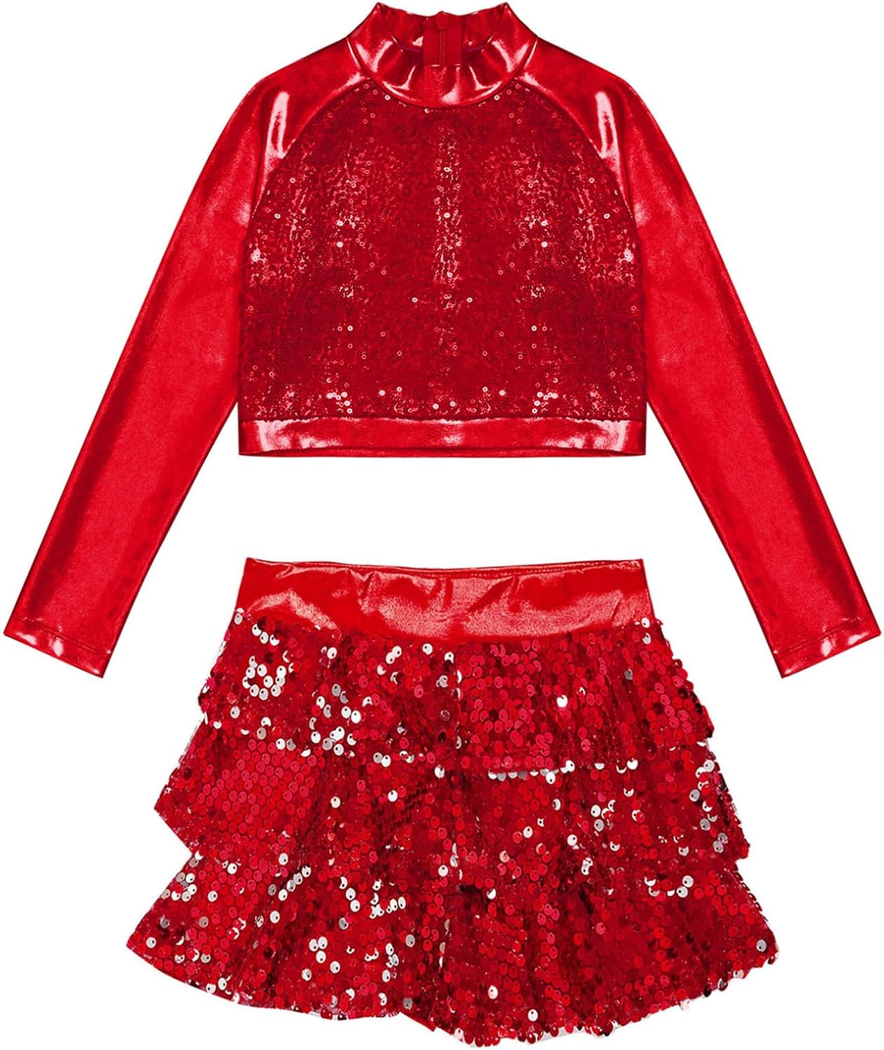 Agoky Kids Girls Shiny Sequins Jazz Hip Hop Dance Outfits Modern Dancing Costumes Performance Dancewear 6-16 Years
