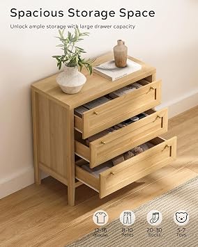 EYYTHUNG 3 Drawer Dresser Set of 2 for Bedroom, Modern Chest of Drawers with Golden Handles, Large Wood Nightstand, Storage Dresser Cabinet Side Table for Living Room, Hallway, Natural Oak