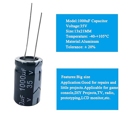 Miniatura 4 de 12 condensadores electrolíticos de aluminio - 1000uF 35V, 0.512x0.827 in, compatibles con kits Arduino