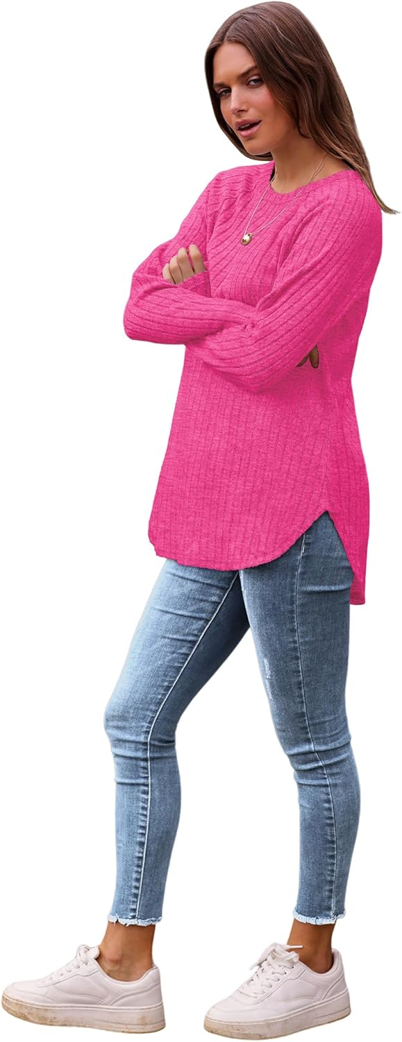 Saloogoe Long Sleeve Shirts for Women 2025 Fall Clothes Tunic Tops Loose Fit Dressy Crewneck Pullover Sweaters Curved Hem - Image 4