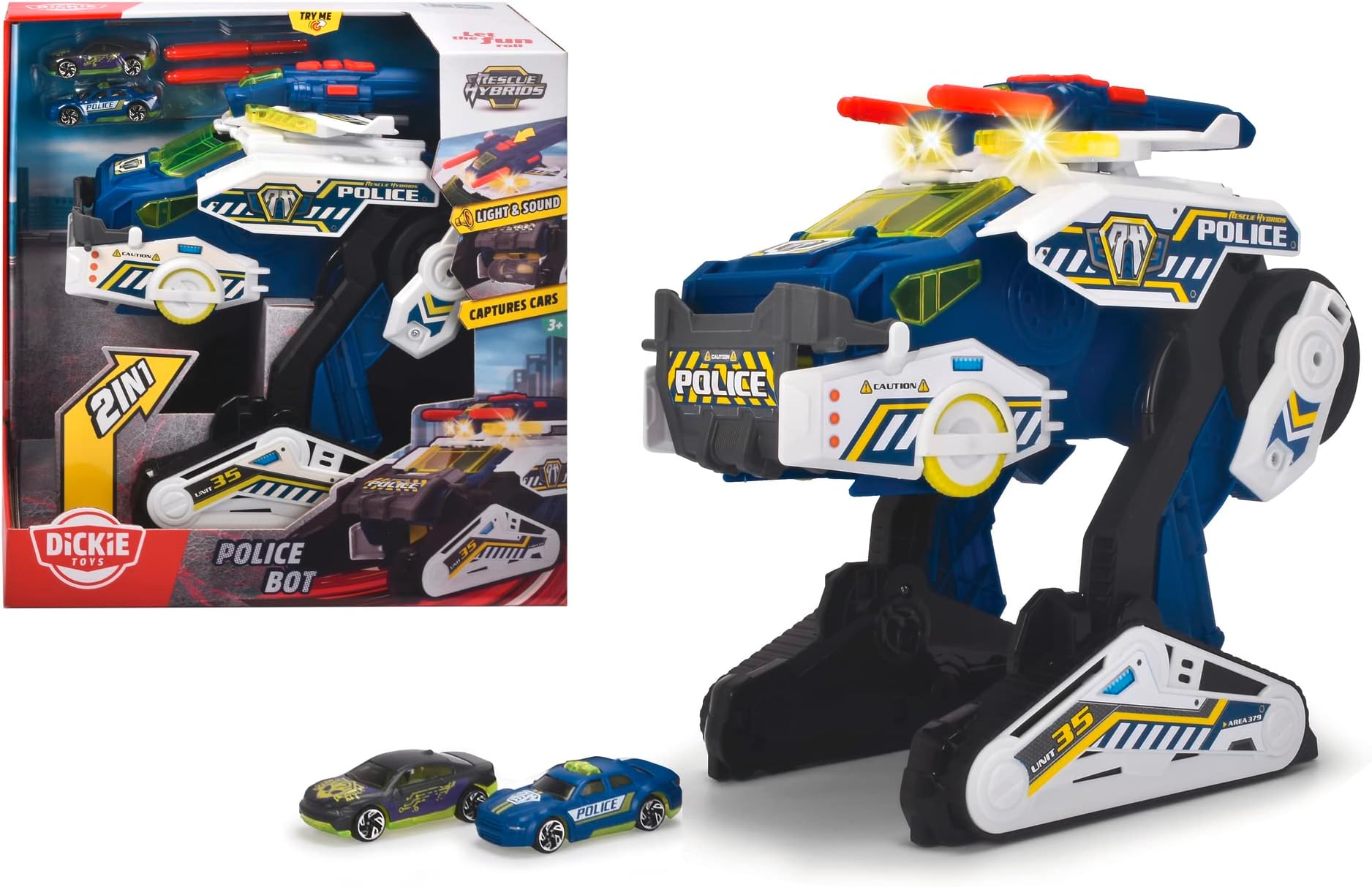 Dickie Rescue Hybrids Police Bot - 35cm. Two die-cast police cars accurately scaled, Clear