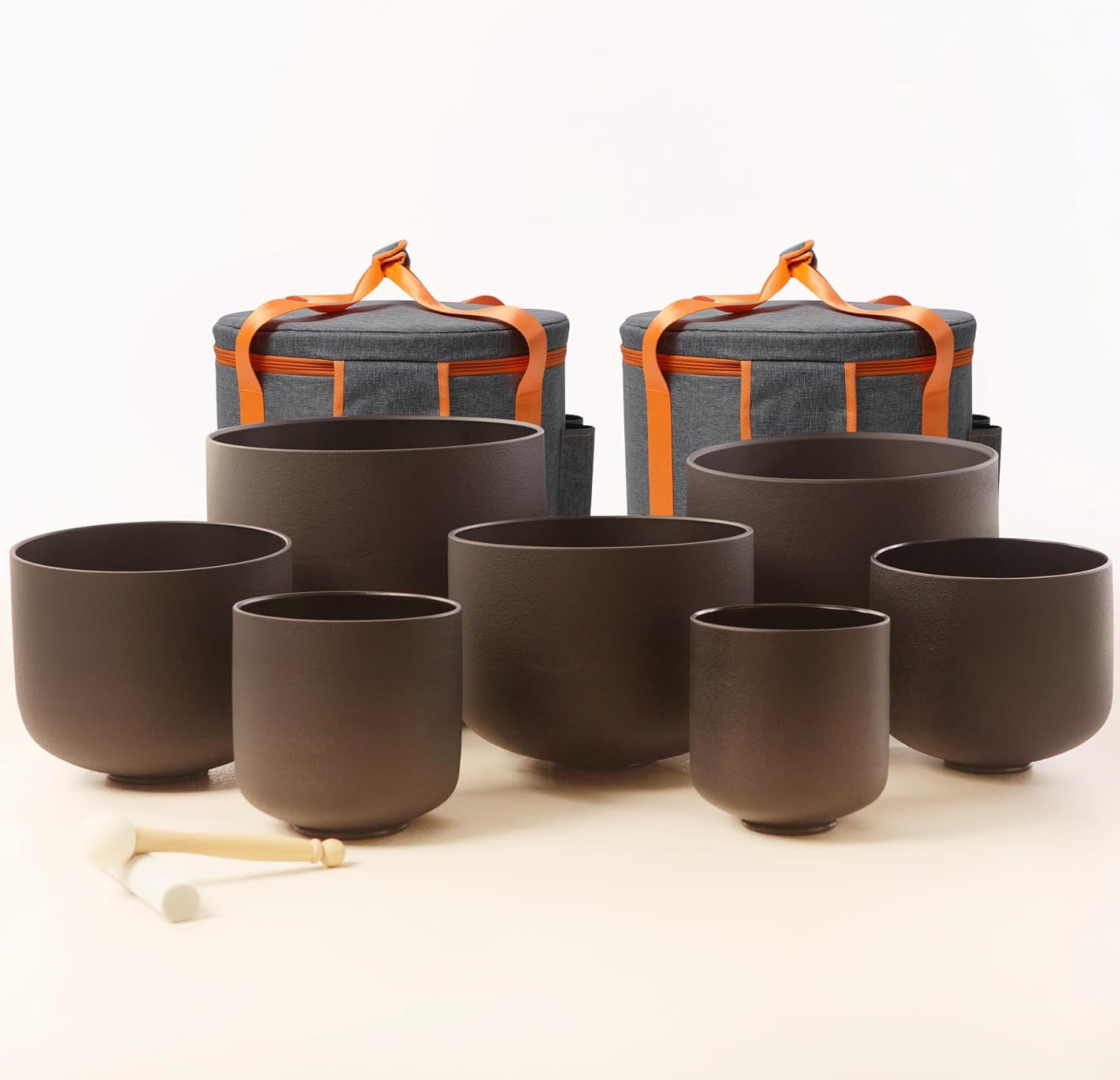 Set of 7 size 6-12 inch Black Chakra Tuned 432hz Quartz Crystal Singing Bowls with Heavy Duty Carrying Cases and Singing Bowl Mallet Suede Strikers BK