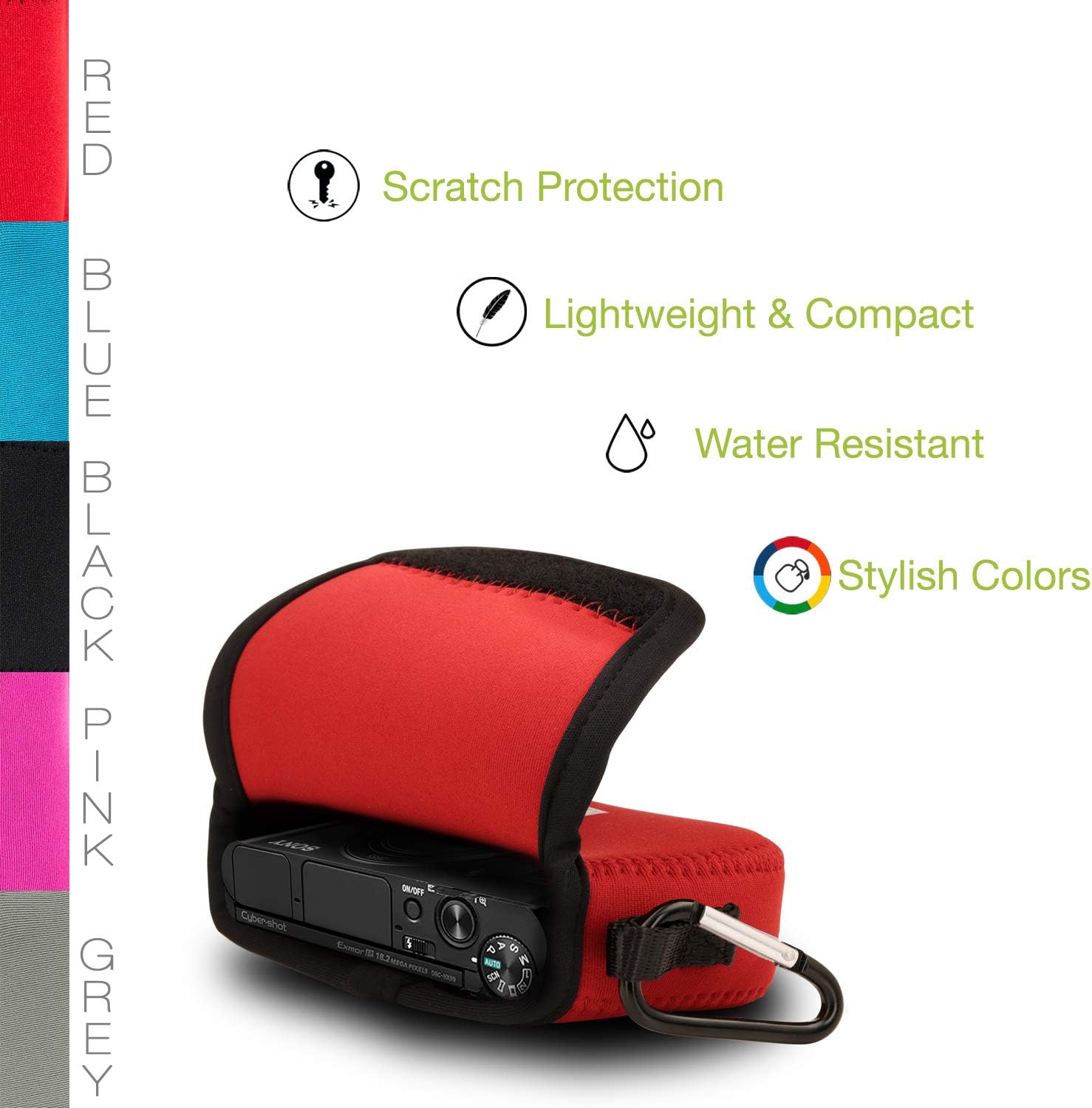 MegaGear MG612 Sony Cyber-shot DSC-HX99, DSC-HX95, DSC-HX90V, DSC-HX80 Ultra Light Neoprene Camera Case, with Carabiner - Red image 5