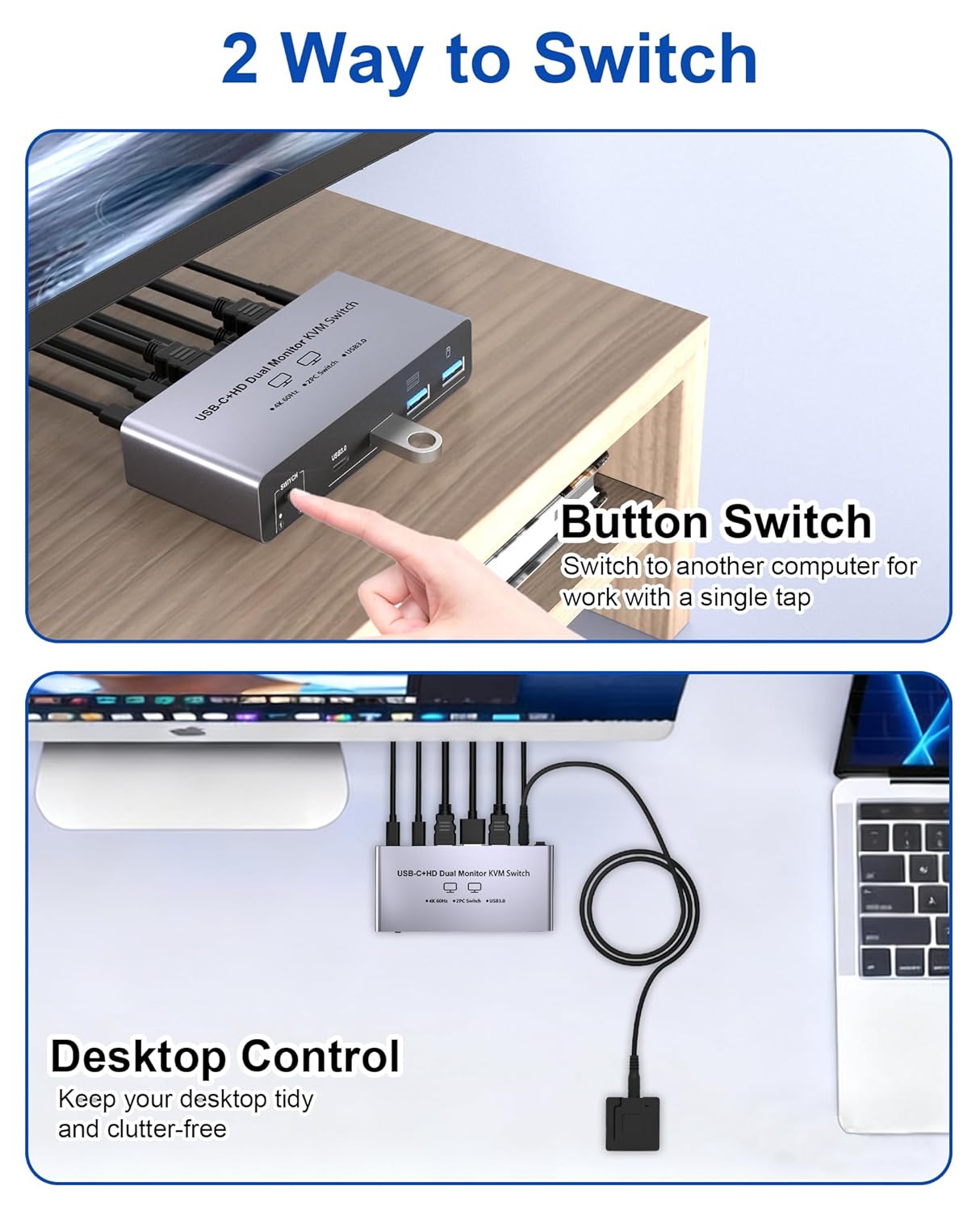 USB-C+HDM KVM Switch 2 Monitors 2 Computers - 8K@60Hz 4K@60Hz USB C KVM Switch Dual Monitor for Laptop & Desktop to Share 2 Monitor and 4 USB3.0 Devices, 100W PD Charging, with Type C Cable/Controller