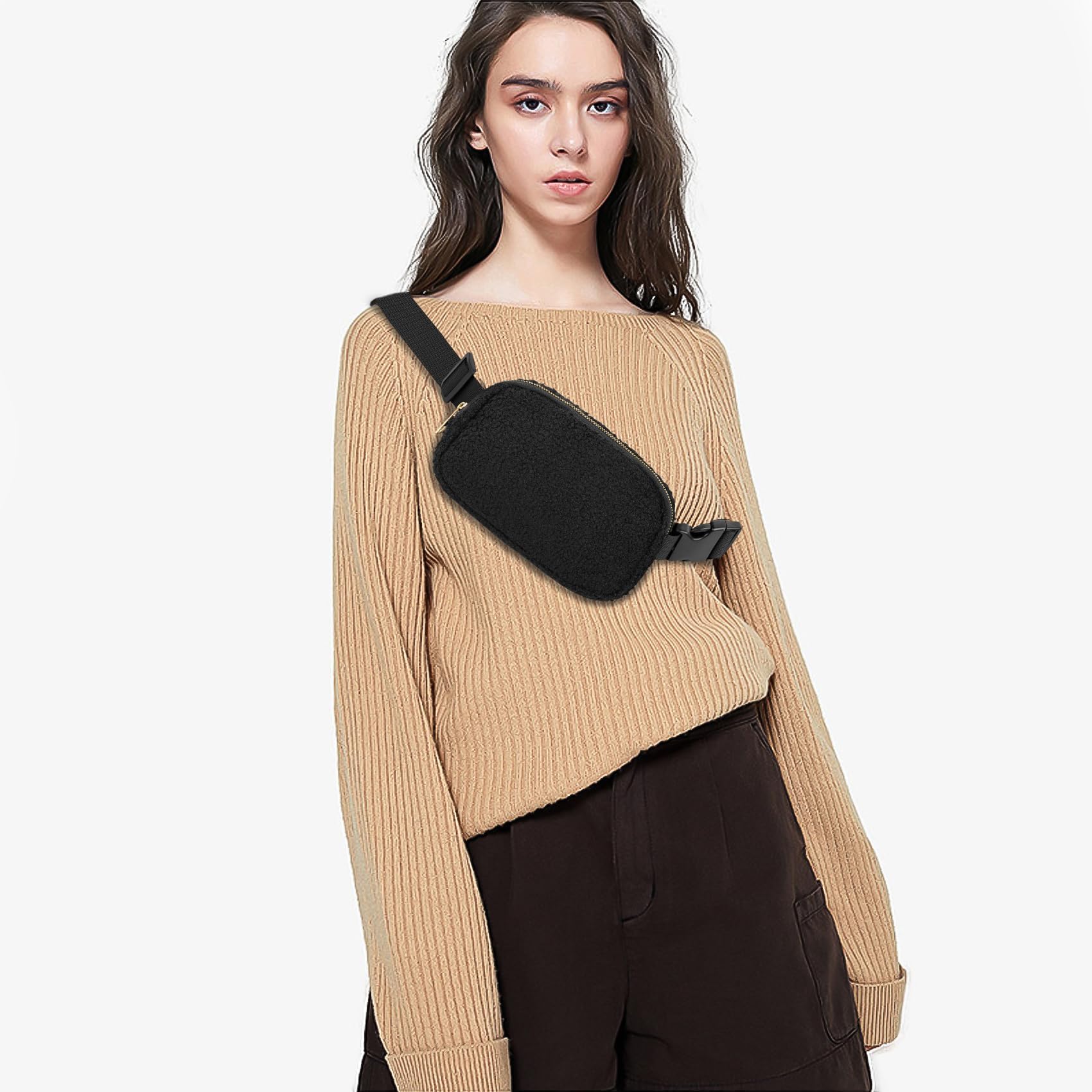 VKIOIP Riñonera unisex con correa ajustable, manos libres, con cremallera, para mujer y hombre, para senderismo, correr, regalos deportivos, Negro(Fleece Black), Riñonera de forro polar