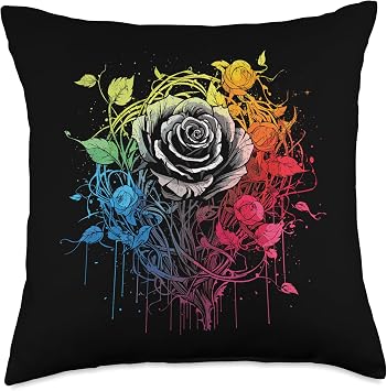 Romantic Goth Summer Rainbow Goth Rose Summer Pastel Goth Rainbow Rose Dark Floral Throw Pillow, 18x18, Multicolor