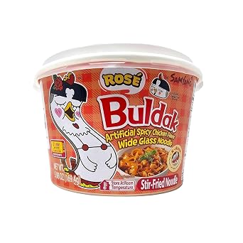 YCNO KOMBOFAN Samyang Buldak K Rose, Wide Flat Glass Noodles, Big Bowl Cup, Korean Fire Challenge Microwaveable 5.98oz