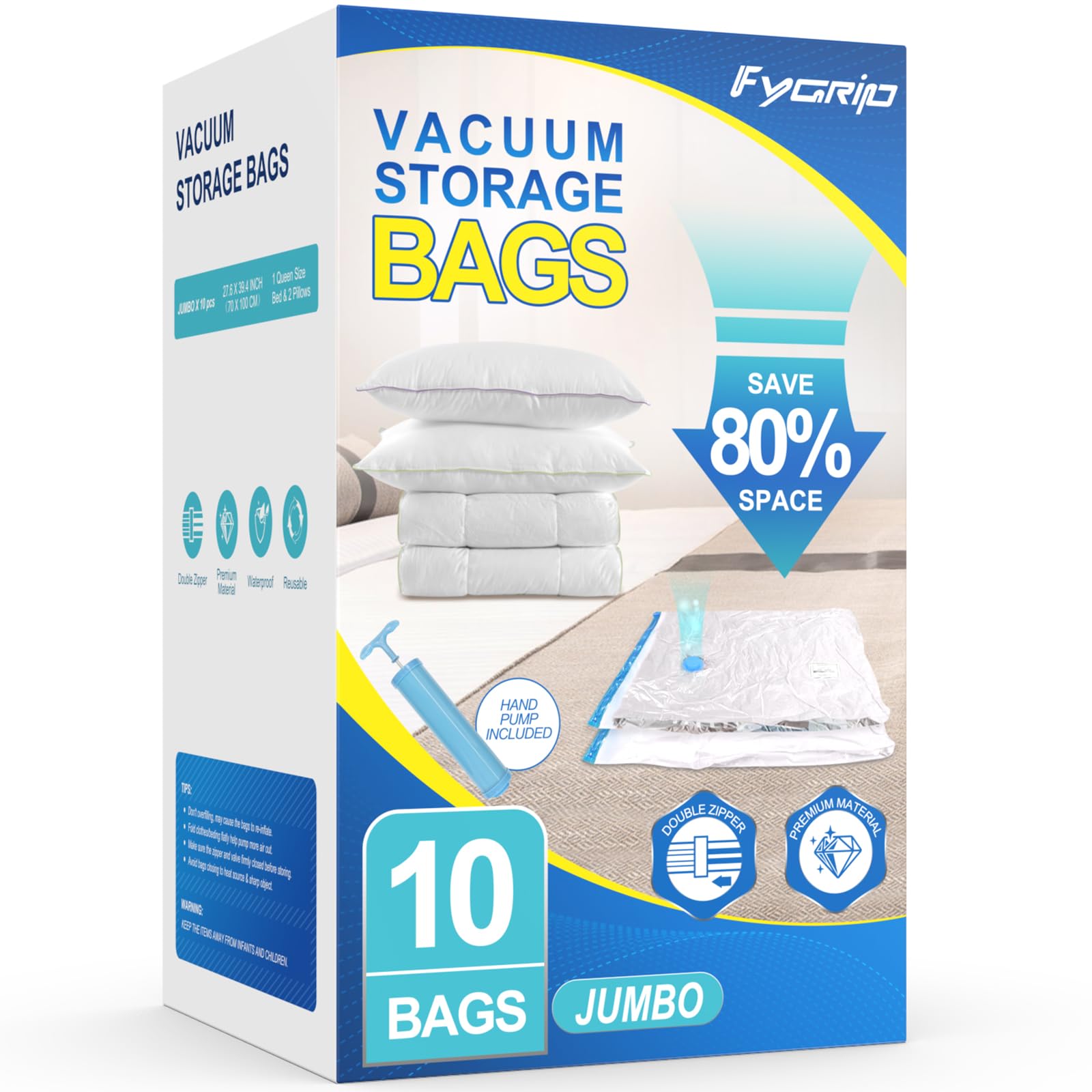 10 Pack Jumbo Vacuum Storage Bags with Hand Pump, Plastic Packaging Bags, 80% Space Saver Vacuum Seal Bags for Clothing, Travel Lugggage, Blankets, Comforters