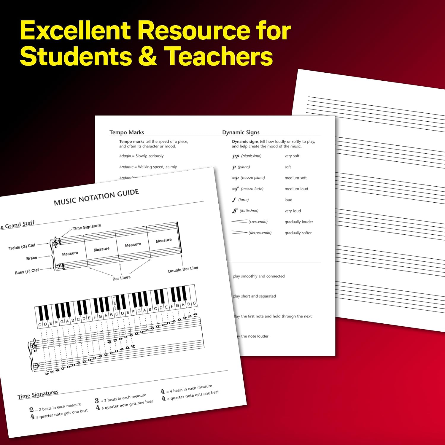 Hal Leonard Student Piano Library – Wide Staff Manuscript Paper | Music Notebook for Piano Students and Composers | with Music Notation Guide