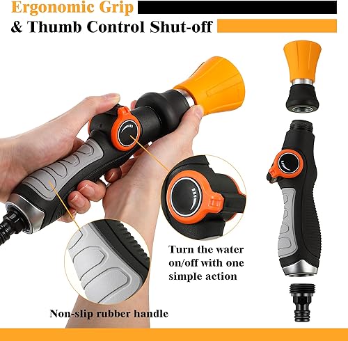Miniatura 5 de Enhon Boquilla de manguera de jardín, boquilla de manguera de estilo bombero resistente, rociador de agua de jardín ajustable, varita de riego con