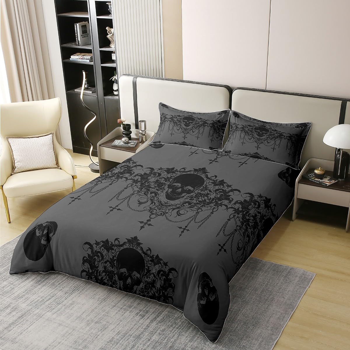 Homewish Bettbezug Gothic 100% Baumwolle Bettwäsche Set 155x220 für Kinder Teens Erwachsene Goth Sugar Skull Tröster Abdeckung Bleistift Grau Damast Bett Set Bohemian Vintage Floral mit 1 Kissenbezug
