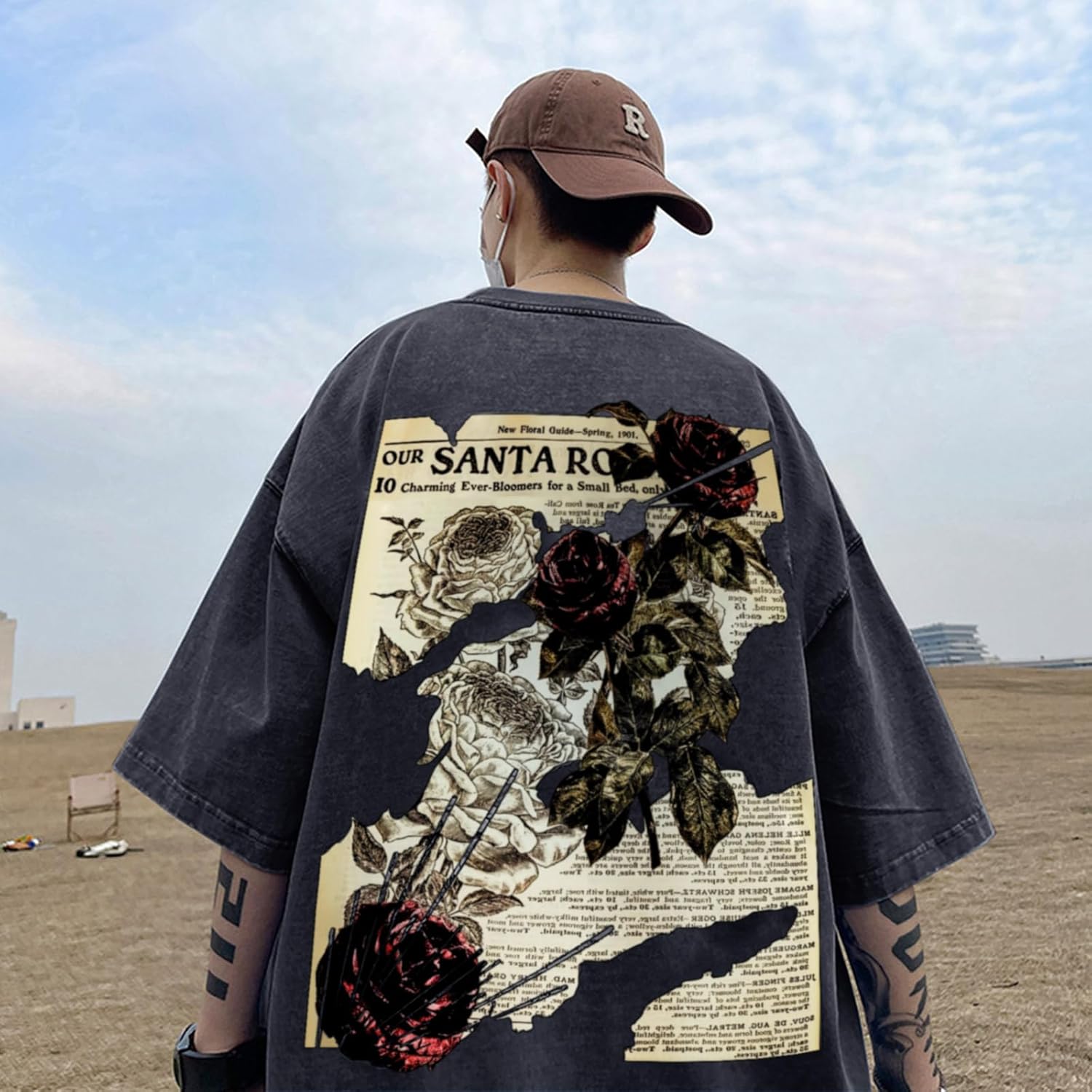 Mens Acid Wash Tshirt Oversized Vintage Graphic T-Shirts Cool Grunge Rose Floral Shirt Trendy Y2K Streetwear Tee Tops - Image 3
