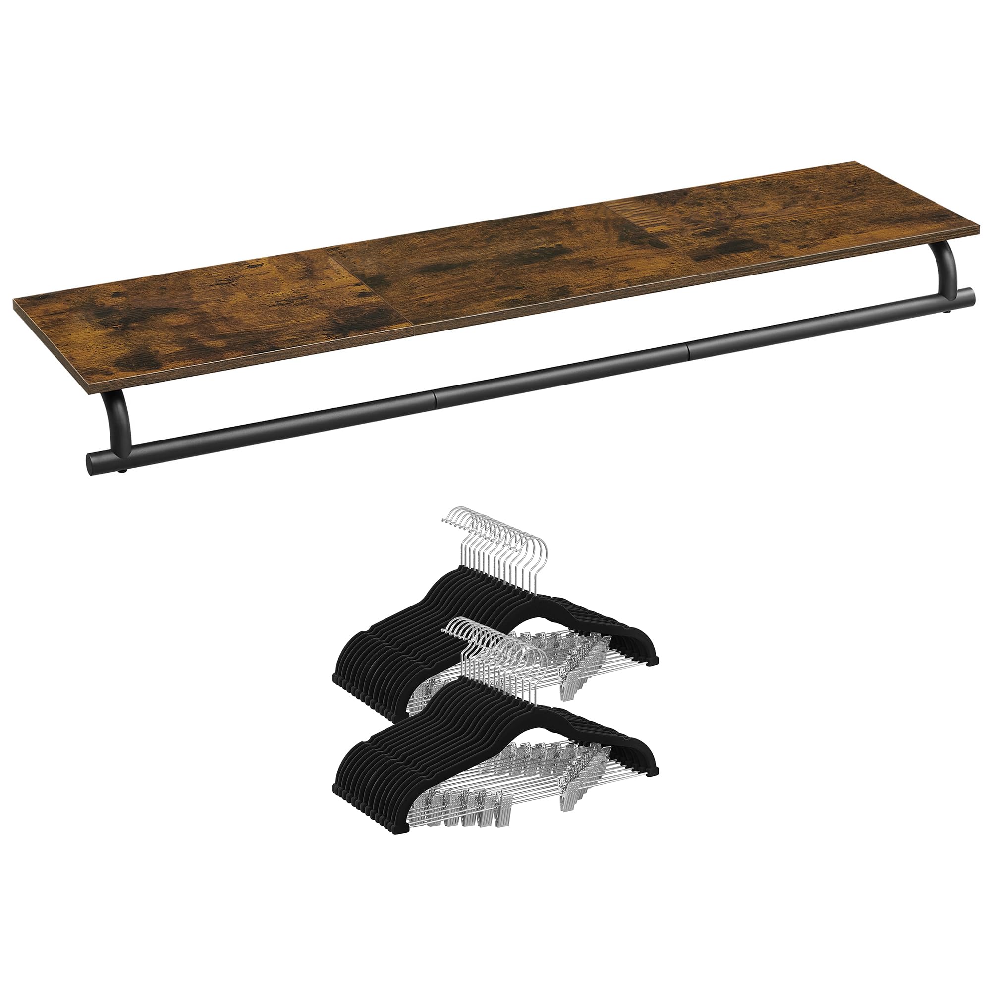 SONGMICS Clothes Rack with Top Shelf Bundle with Velvet Hangers 30 Pack, Wall Mounted, with Shoulder Notches, Rustic Brown and Black UHSR135B01 and UCRF12B30