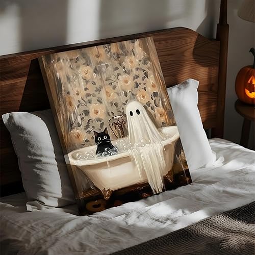 Miniatura 7 de Lienzo decorativo de Halloween para baño, fantasmas de terror y lindo gato negro en la bañera, pinturas góticas oscuras de academia impresiones para