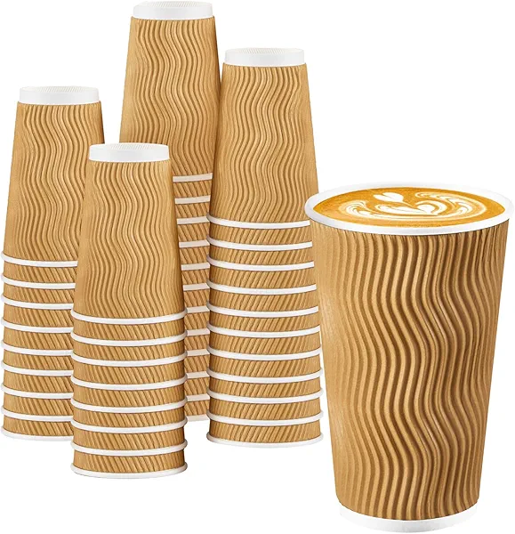 BYSNOW 90 Pack 16 oz Disposable Coffee Cups, Insulated Ripple Wall Paper Coffee Cups 16oz, To Go Cup for Espresso, Hot Beverage Drinks (No Lids)