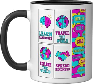 Hello in Different Languages Learn Travel The World Polyglot Ceramic Mug, Black/White