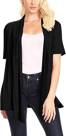 Womens Solid & Printed Short Sleeves Open Front Draped Cardigan
