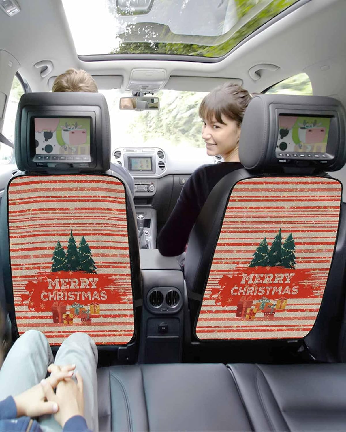 Car Seat Protector, 2 Pack Kick Mats with Organizer - 3 Pocket Storage, Merry Christmas Xmas Tree Gifts Red Striped Retro Back Seat Cover for Kids Universal Fit Automotive Interior Protectors