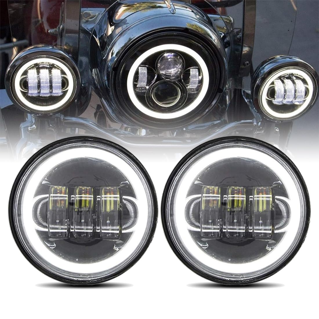 Autokun 4.5 Inch Led Fog Lights with White Halo Ring Angel Eyes 1 Pair 4.5" Passing Lamps DRL bulb for Har-ley David-son Daymarker Harley Fog Lamp
