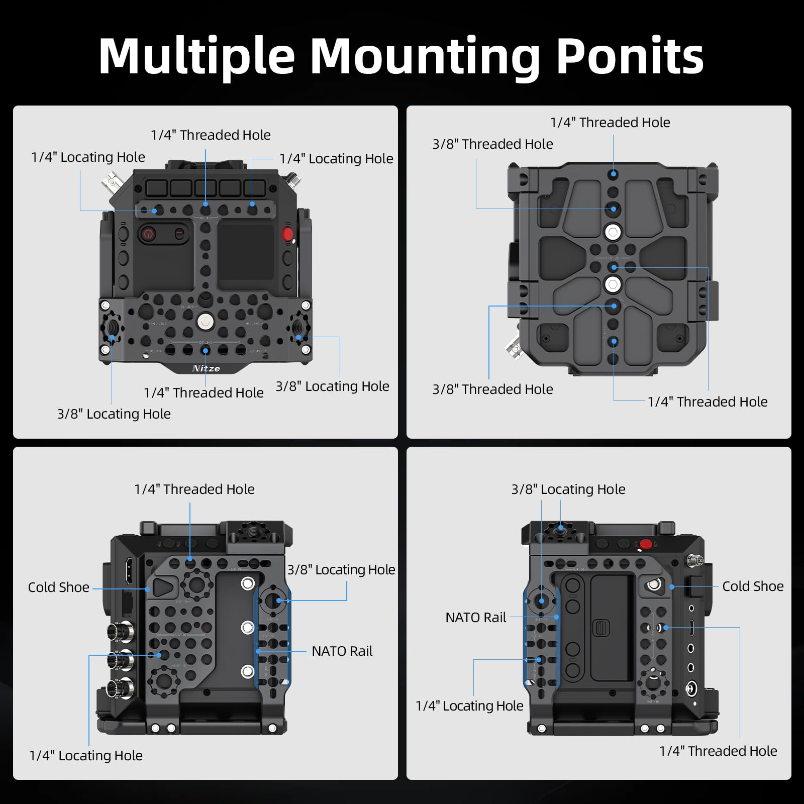 Nitze Cage pour Z CAM E2 Mark II, E2-S6 Mark II / E2-F6 Mark II / E2-M4 Mark II avec Patins à Froid Intégrés et Rails NATO - T-Z03A