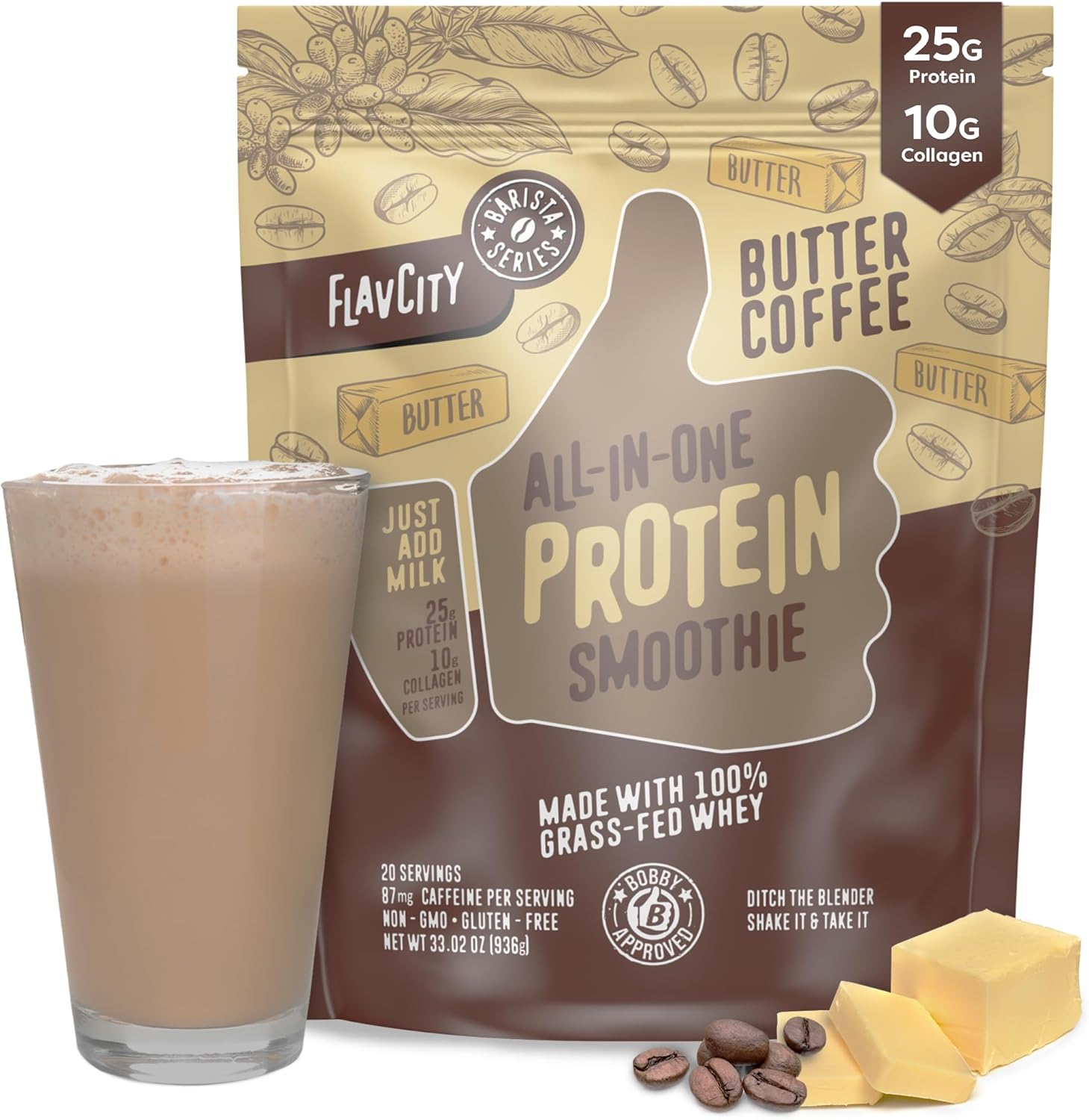 FlavCity Grass Fed Whey Protein Powder - Vanilla Latte - 25g Protein, 10g Collagen & 60mg of Caffeine - Made with Real Vanilla Bean & Organic Coconut - Gluten Free & No Added Sugars (20 Servings)