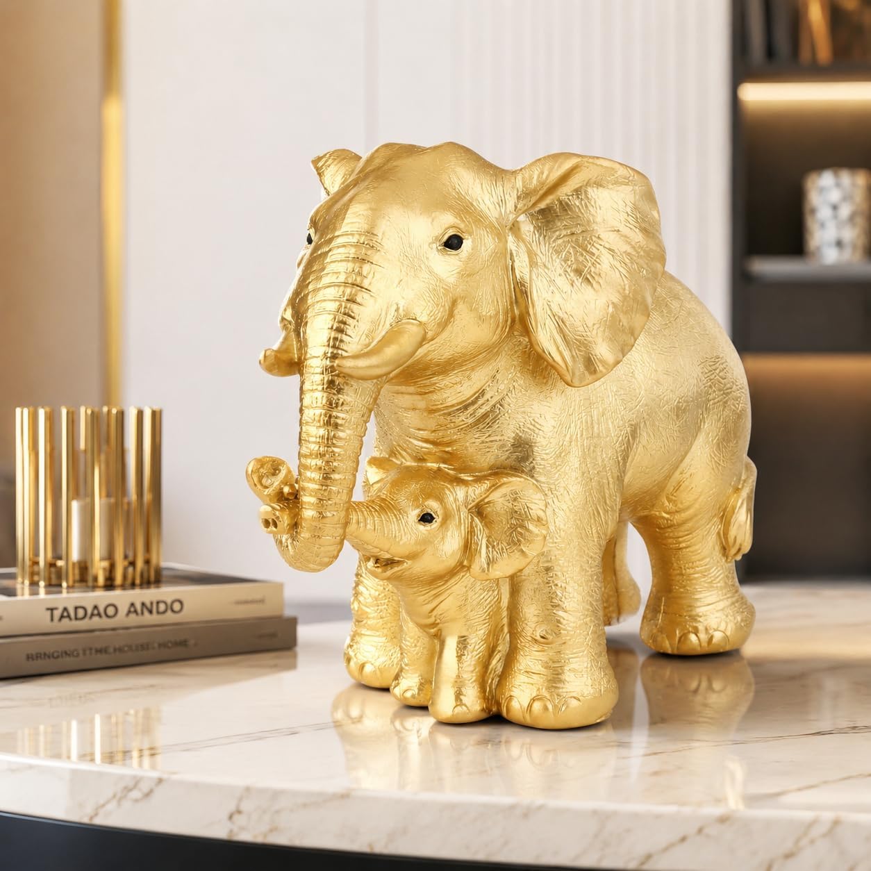 Elephant Statue Decor Elephants Figurines Gold Accent Decor for Living Room
