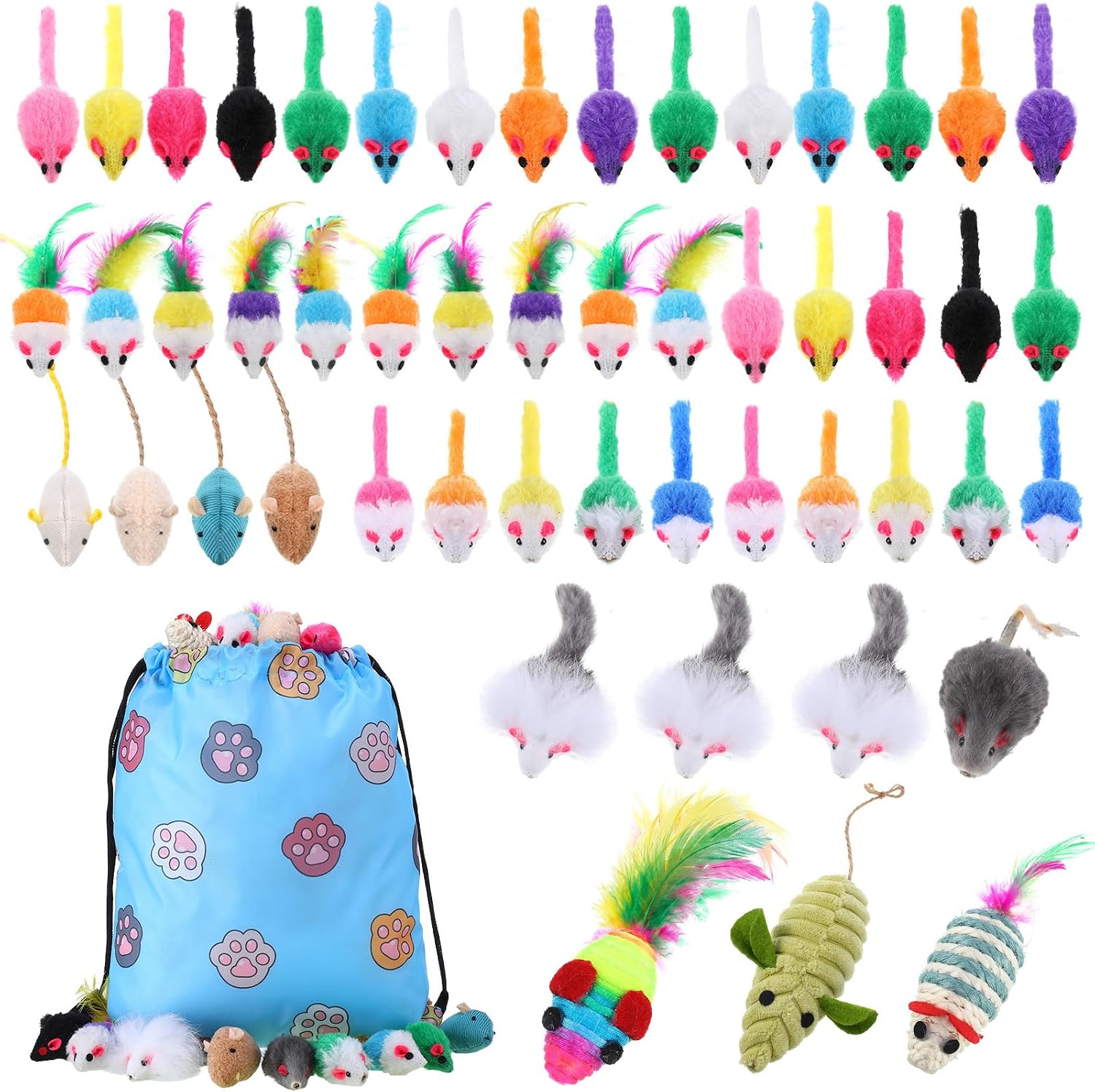 Leitee 51 Pcs Cat Mice Toys with Storage Bag, Small Furry Mouse, Mix Mice