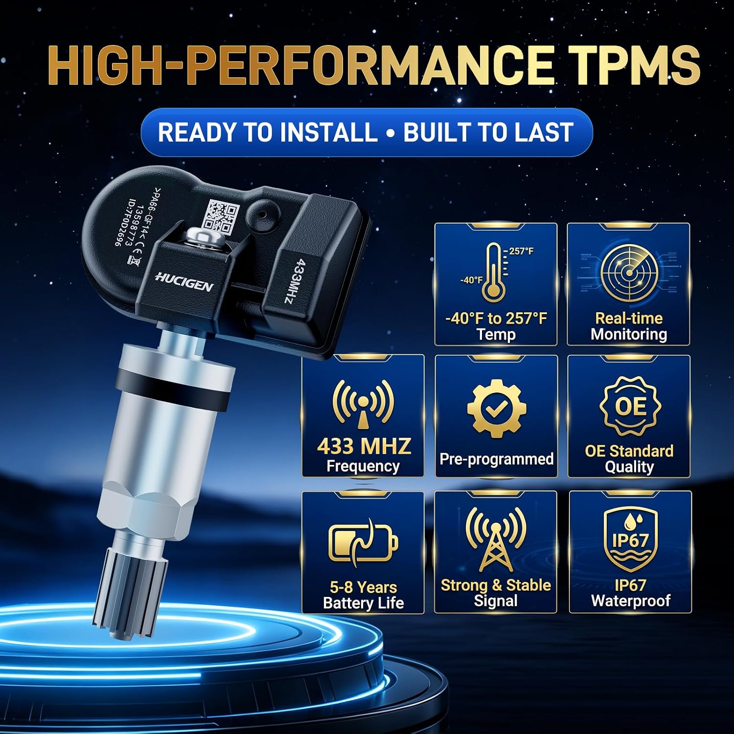 433MHz Pre-Programmed TPMS Sensor for GMC Sierra 19-25 | Yukon 20-25 | Acadia 16-23, Cadillac Escalade 21-23 | XT5 17-25, Buick Enclave & Envision, Chevy Camaro, OE#13598773, 4 Pack