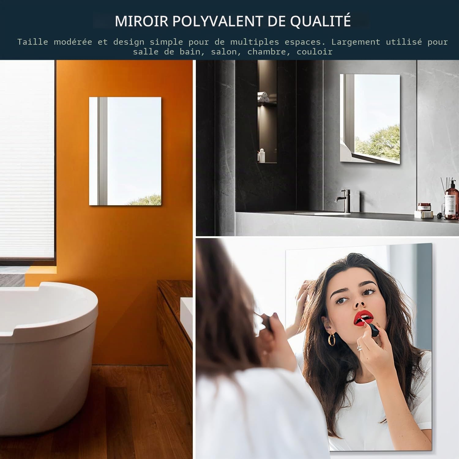 Miroir Rectangulaire Mural sans Cadre 40x60 cm, Miroir Salle de Bain Moderne, Miroir Mural Rectangulaire pour Salle de Bain, Salon, Chambre, Entree Maison