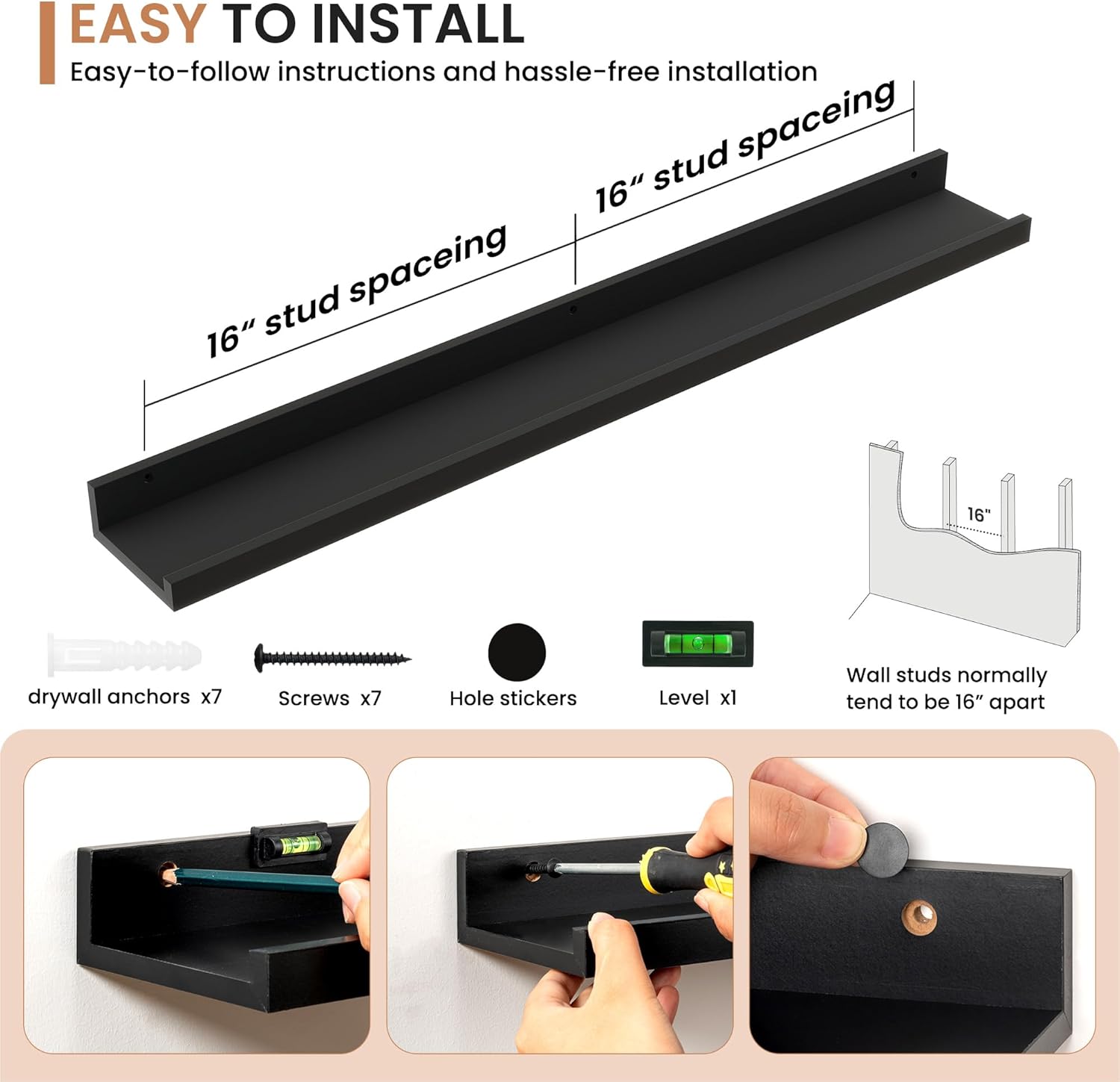 Dreamland Picture Ledge Shelf for Wall, Floating Shelves Set of 2, 36 Inch Long Floating Shelves with Lip for Living Room, Bedroom, Bathroom, Kitchen, Black