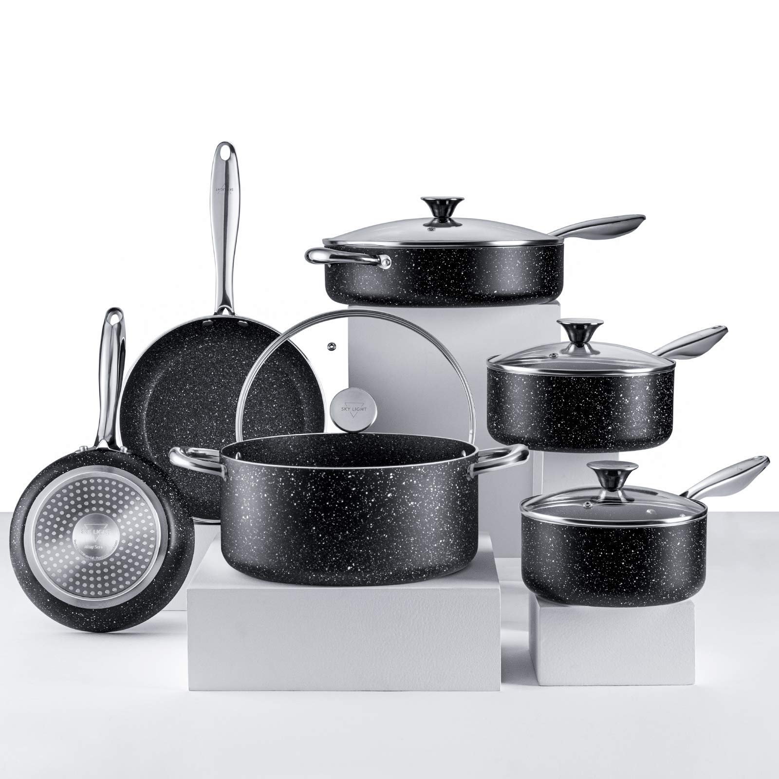 SKY LIGHT Nonstick Cookware Set, 10 Piece Stone-Derived Cooking Pots and Pans with Lids, Home Kitchenware with Saucepan, F...