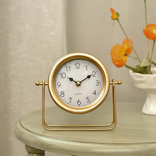 Miniatura 7 de Reloj de escritorio y estante dorado pequeño, 6.9 x 5.9 pulgadas, retro, elegante, reloj de mesa con cubierta de vidrio, silencioso sin tictac,