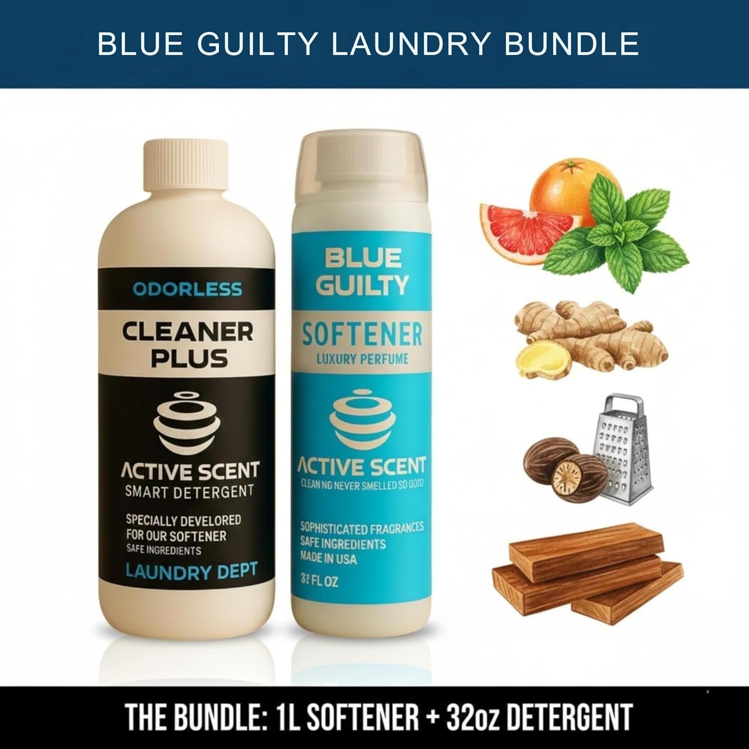 Blue Guilty Laundry Bundle – Inspired by french iconic perfume, Luxury Softener 33.8oz + Odorless Detergent 32oz Bold Citrus, Spice, Cedarwood, Fresh Grapefruit, Ginger, Amber fragrances
