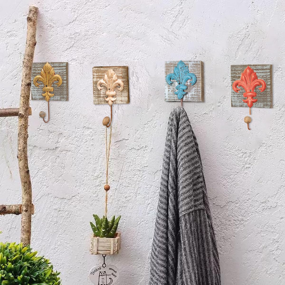 Toallero 4 Piezas Ganchos de Pared Ganchos para Abrigos Lirio Rústico Ganchos para Abrigos de Hierro de Madera Ganchos para Toallas de Casa de Campo Decoración de Pared Shabby Chic Ganchos